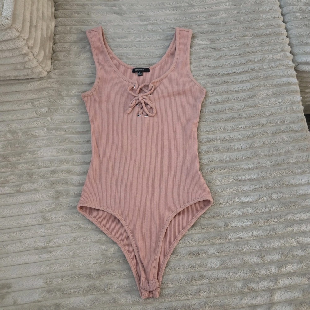 Ambiance Pink Ribbed Bodysuit Lace Up Front Tank Top Leotard Women's Size S